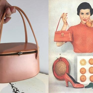 Peachy Keen Jimmy Dean - Vintage 1950s Pearlized Coral Peach Orange Oblong Coffin Box Handbag Purse - Rare 