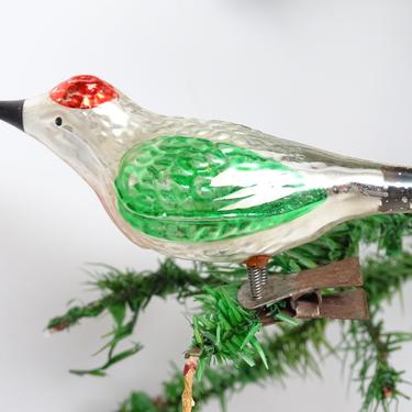 Vintage Mercury Glass Bird Christmas Clip On Ornament with Spun Glass Tail, Antique Molded Glass 