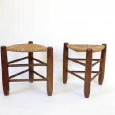 Charlotte Perriand Pair of Tripod Rush Seat and Oak Stools for Les Arcs
