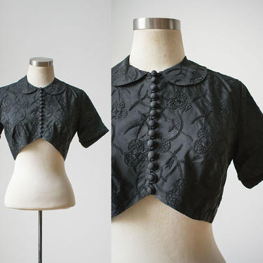 Black Antique Blouse / Button Up Blouse / Antique Taffeta Top / Black Lace Button Up Crop Top / Antique Top Small / Goth Shirt 