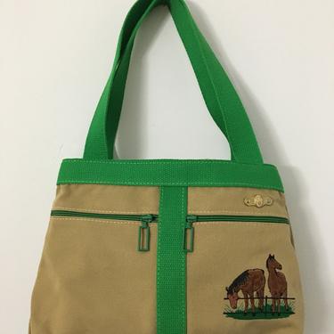 MINT 1980s Taupe with Green Canvas Horses Purse Pony Handbag 