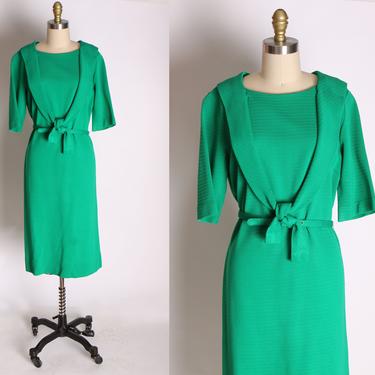 1960s Green Short Sleeve Collared Bodice Belted Waist Formal Cocktail Dress by Leslie Fay Harzfelds -S 