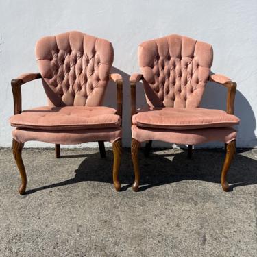2 Vintage Pink Tufted Armchairs Antique Chairs Seating Wood Country French Provincial Traditional Shabby Chic Seating Vintage Lounge Set 