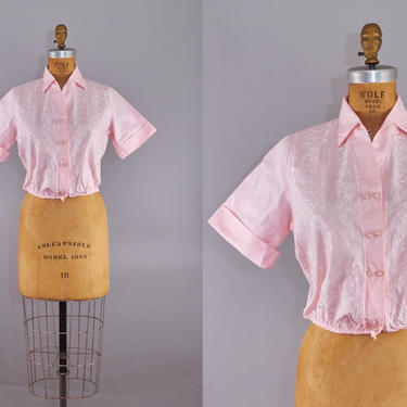 50s Rockabilly Blouse Pink Cotton Top 