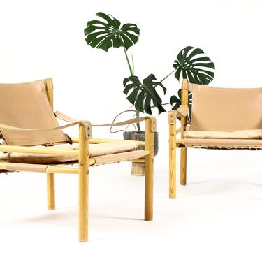 Danish Modern / Mid Century White Oak + Leather Sirocco Lounge Chairs – Arne Norell – Pair 