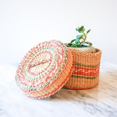Colorful Vintage Mini Woven Hexagon Basket with Original Lid 