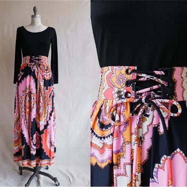 Vintage 70s Corset Paisley Maxi Dress/ 1970s Psychedelic Lace Up Long Sleeve Dress/ Size Medium 