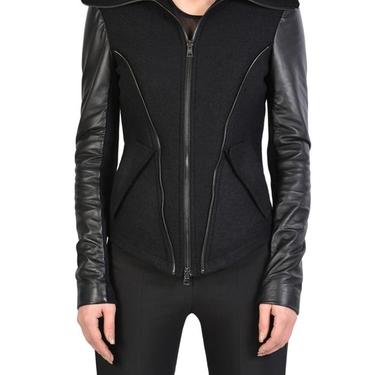 High Neck Zip Detail Boiled Wool and Leather Lita Jacket