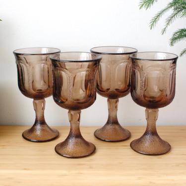 Vintage 1970s Smoke Glass Goblets - Dark Purple Brown Fancy Large Drinking Glasses - Set/4 