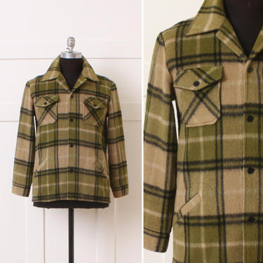 ON SALE mens vintage western wear jacket • light green &amp; tan textured wool mid-weight plaid mackinaw coat 