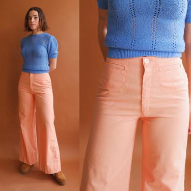 Vintage 70s Peach Wide Leg Pants/ 1970s High Waisted Sherbet Bell Bottoms/ Size 26 