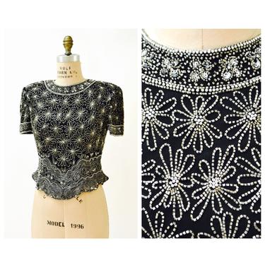 90s 00s Vintage Black Metallic Silver Beaded Sequin Top Shirt Medium Daisies Flowers// Vintage Sequin Beaded Top Medium Flapper Inspired 