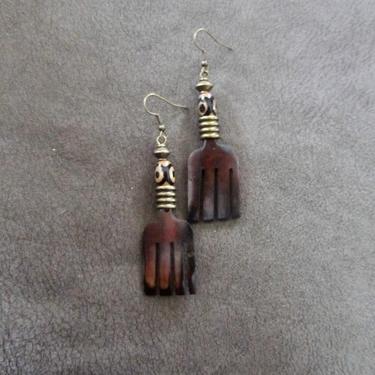 Carved bone comb earrings, afro pick earrings horn earrings, Afrocentric African earrings, bold statement earrings, tribal Tibetan agate 