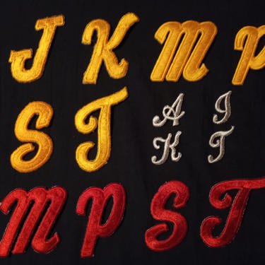 Vintage Sew On Letter Patches - Fabric Script Patches, A I J K M P S T 70s 80s 90s Patch Red Yellow White 