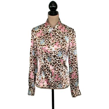 Long Sleeve Satin Blouse, Floral+Animal Print, Silky Polyester Button Up Shirt Women, Dressy Casual Clothes Medium Large from Nicole Miller 