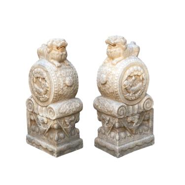 Chinese Pair White Marble Stone Fengshui Foo Dogs Drum Statues cs7205E 