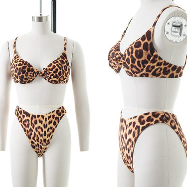 Vintage 1980s Bikini | 80s Leopard Print High French Cut Animal Print Two Piece Swimsuit (xs/small) 