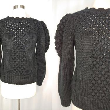Vintage Eighties Black Acrylic Knit Pompom Pullover Sweater - 80s Small Puff Sleeve Scallop Trim Sweater 
