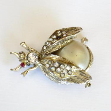silvertone and pearl bug brooch 