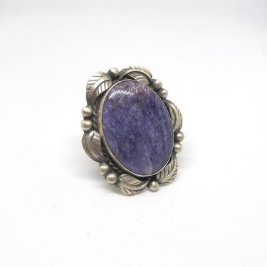 PURPLE REIGN Betta Lee Large Charoite and Sliver Ring | Native American Southwest Sterling Leaf Jewelry | Purple Statement, Boho | Size 10 