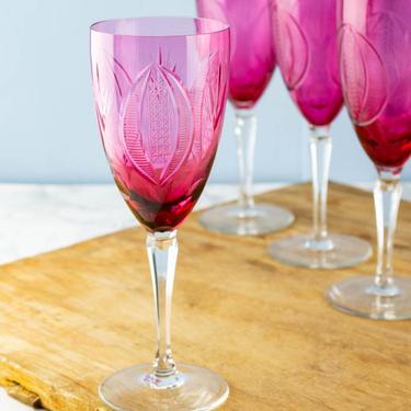 Antique Etched Cranberry Crystal Wine Glasses -  Set of 6