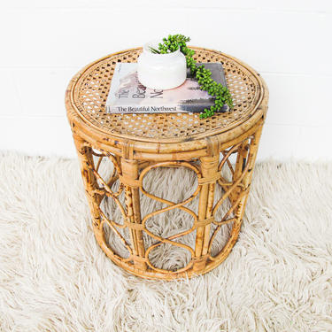 Large Vintage Woven Rattan, Bamboo and Cane Style Side Table 
