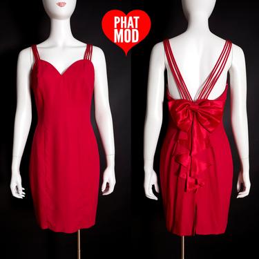 Bombshell Pin-Up Chic Vintage 90s Red Hot Sweetheart Neckline Party Cocktail Dress with Big Bow 