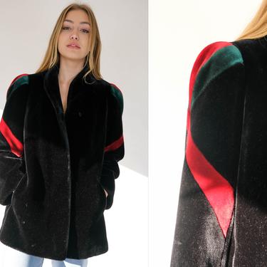 Vintage 80s SASSON PARIS Black Sheered Faux Fur Jacket w/ Red & Green Gucci Stripe | Made in USA | Streetwear, Hip Hop | 1980s Designer Coat 