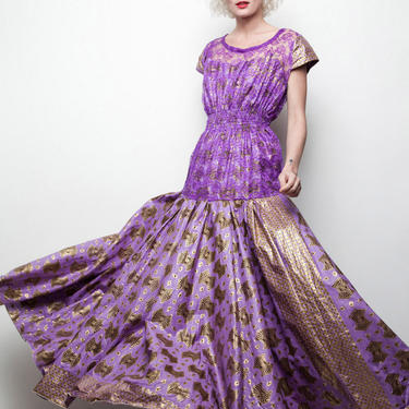 African wax fabric evening gown maxi dress purple gold lace open back L LARGE (SU-1) 