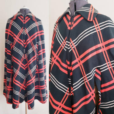 1960s Francis X Wool Knit Cape / 60s Graphic Print Black Red White Geometric Stripe Cloak / Made in Italy / L 