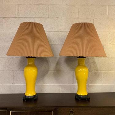 Pair of Midcentury Chinoiserie Yellow Ceramic Table Lamps