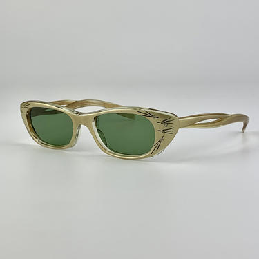1950'S-60's Vintage Oval Sunglasses - Gold Painted Plastci Frames - with Rhinestones Details - Original Glass Lenses 