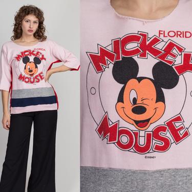 90s Mickey Mouse Florida Striped Sweatshirt - Large | Vintage Pink 3/4 Sleeve Disney Cartoon Pullover 
