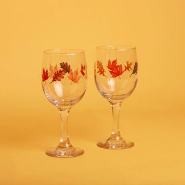 Set of 2 Vintage 80s Leaf Autumn Fall Wine Cups Glasses with Stem 