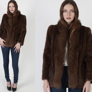 Vintage 80s Saga Brown Mink Fur Jacket / Plush Real Arctic Fox Fur Trim Coat / Chubby Winter Apres Ski Puff Sleeve Bomber Coat 