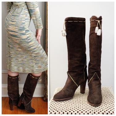 1980s Boots // YSL Brown Suede Tall Boots with Gold Tassels // Vintage 80s Yves Saint Laurent boots // 8 