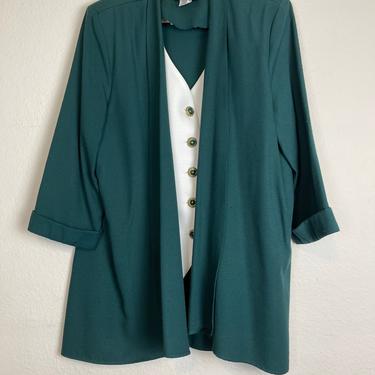 VINTAGE 70s or 80s matching skirt suit set emerald green and cream with elaborate decorative buttons 