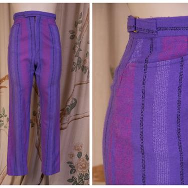 1960s Pants -  Vintage 60s Striped Purple Wool Tailored High Waisted Flat Front Cigarette Pants with Pockets by Jack Winter 