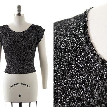 Vintage 1950s Sweater Top | 50s Metallic Silver Lurex Black Knit Short Sleeve Blouse (x-small/small/medium) 