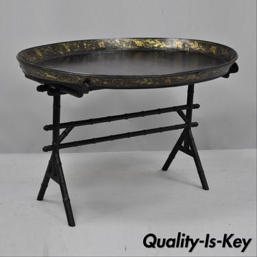 19th C. English Victorian Leather Tole Tray Coffee Table on Faux Bamboo Base