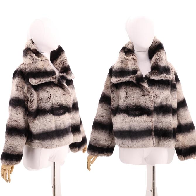 ADRIENNE LANDAU chinchilla rabbit fur cropped jacket / Y2K vintage soft print fur coat one size M-L 