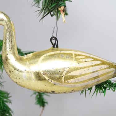 Antique Victorian Mercury Glass Swan Christmas Tree Ornament with Spun Glass Tail, Vintage Hand Blown Bird 