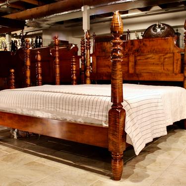 Impressive, One of a kind, Empire Turnip Top Bed in Boldly Figured, Heavy Stock Tiger Maple Bed. Resized to King with Chamfered roll-back headboard and 2 recessed panels