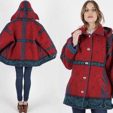 Hooded Wool Norwegian Jacket Vintage 80s Nordic Blanket Coat Mens Womens Red Southwestern Print Button Up Removable Hood Pockets Coat 