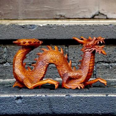Vintage Signed Hand Carved Wood Dragon Sculpture, Incredibly Detailed Carved Wood Statue, Japenese/Chinese Crawling Dragon, 10&quot; L x 5 1/2&quot; H 