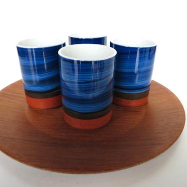 Vintage Japanese 6 oz Porcelain Yunomi Tea Cups In Blue And Orange, Set of 4 Matcha/Green Tea Ceramic Cups 
