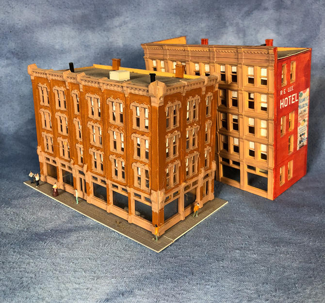 Vintage Set of Model Apartment Hotel Buildings, N Scale Brick Figures Storefront Decals Completed 
