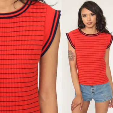 Red-Orange Knit Shirt 70s Top Boho Cap Short Sleeve Sweater Top Striped Shirt Hippie Bohemian Retro Tee Vintage 1970s Small Medium 