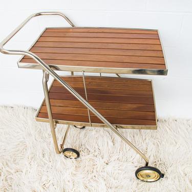 Brass Flashed Rid-Jig Folding Mid-Century Metal Rolling Utility Cart with Wood Slats 