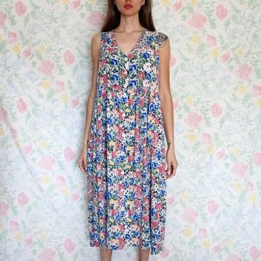 Vintage 90s Floral Dress, Apron Maxi Dress, Baby Doll Style Button Down, Size Medium/Large 